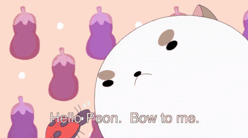 a cartoon says hello peon bow to me with a purple background