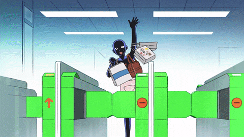 a cartoon of a person standing in front of a green gate with an arrow pointing up