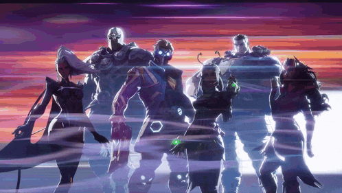 a group of soldiers standing next to each other with a sunset in the background