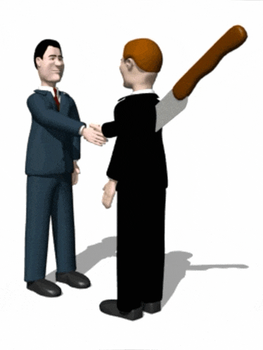 a man in a suit shakes hands with another man who has a knife in his back