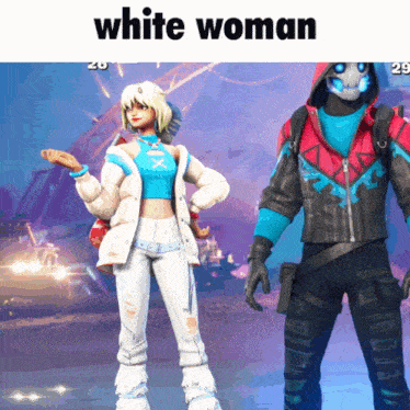 a man and a woman are standing next to each other with the caption white woman