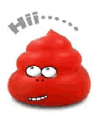 a red poop with a face on it and the words hii written above it .