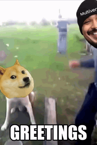 a man in a multiver hat is standing next to a dog
