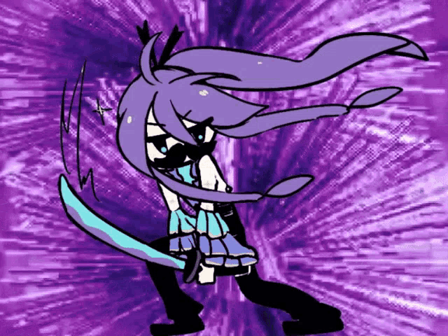 a cartoon of a girl with purple hair holding a blue sword