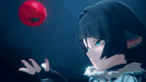 a black haired anime girl reaches for a red ball in the dark