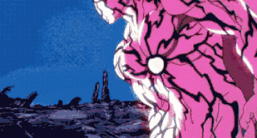 a pink and white cartoon character is standing on a rocky hillside .