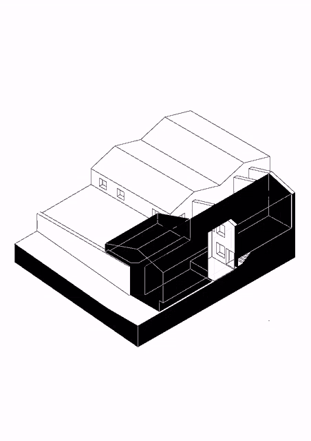 a black and white drawing of a building with the letters aa on it