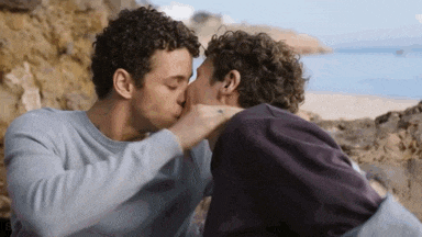 a couple of men are kissing on a beach .