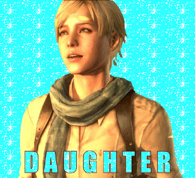 a woman with a scarf around her neck is standing in front of a blue background with daughter written on it