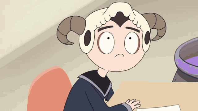 a cartoon character with horns and a sad face