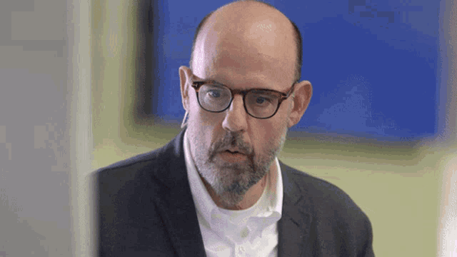 a bald man with a beard wearing glasses