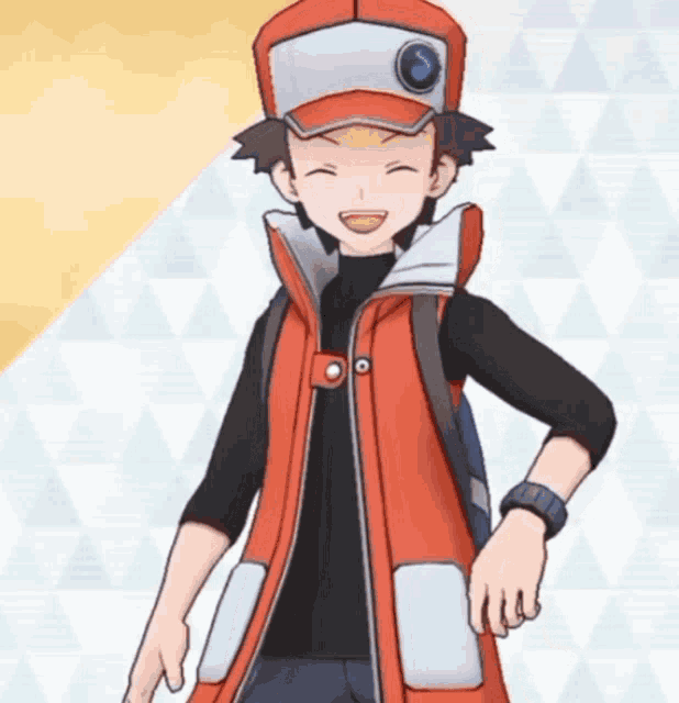 a cartoon character is wearing a red vest and a hat