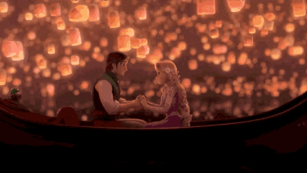 a man and a woman in a boat with lanterns floating in the background
