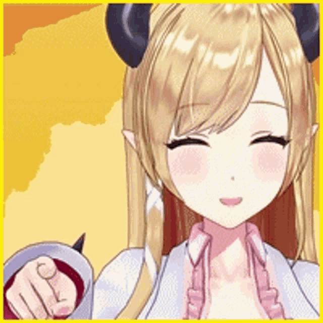 a close up of a blonde anime girl with horns pointing at the camera .