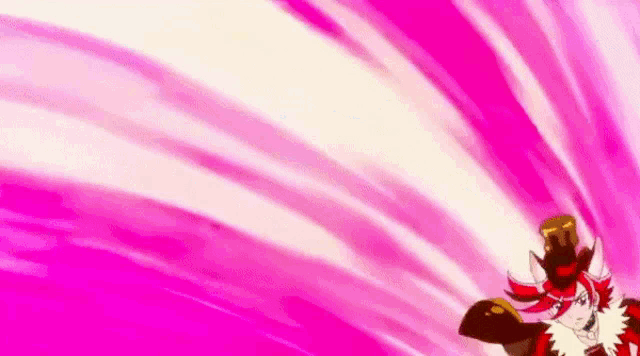 a cartoon character is standing in front of a pink background with a swirl coming out of it .