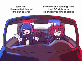 a cartoon of two girls in a car with one saying " look fia "