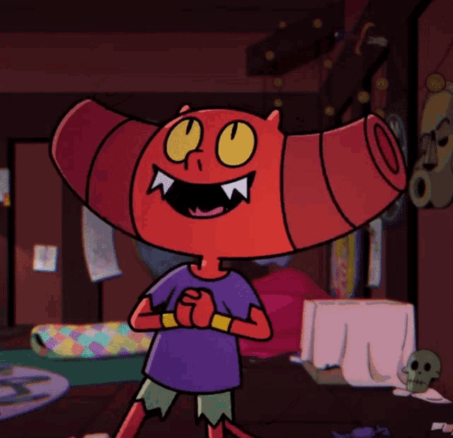 a cartoon character is standing in a room with a skull in the background