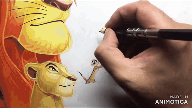 a person is drawing a picture of the lion king and the words made in animotica are below it