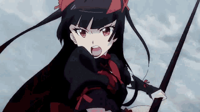 a girl with long black hair and red eyes is holding a sword in her hand .