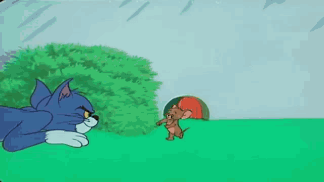 a cartoon of a cat and a mouse looking at a mouse hole .