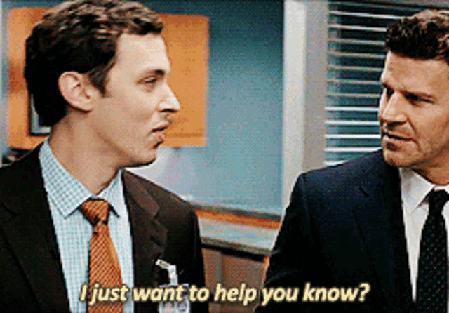 a man in a suit and tie is asking another man if he wants to help you know
