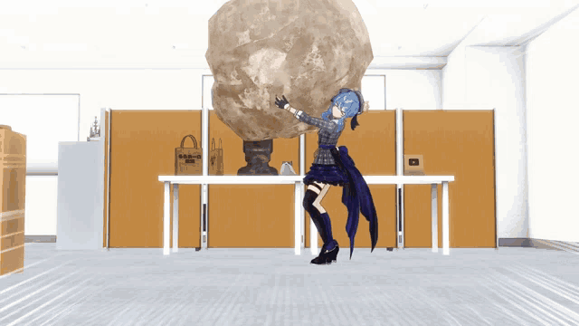 a girl with blue hair is holding a large rock over her head