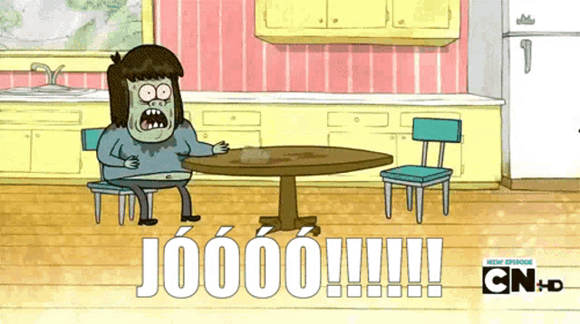 a cartoon of a man sitting at a table with the word joooo written on the bottom