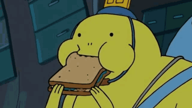 a yellow cartoon character eating a sandwich with a crown on his head