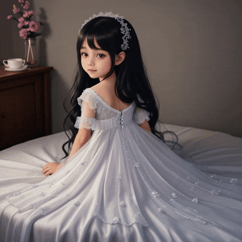 a little girl is wearing a white dress and tiara