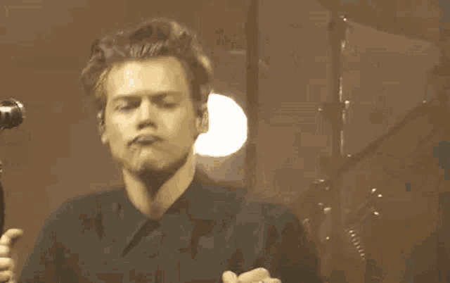 harry styles is playing a guitar and singing into a microphone while standing on a stage .