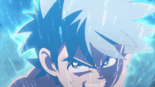 a close up of a person 's face with blue hair