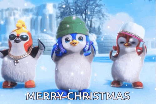 three penguins are dancing in the snow with the words merry christmas written on the bottom