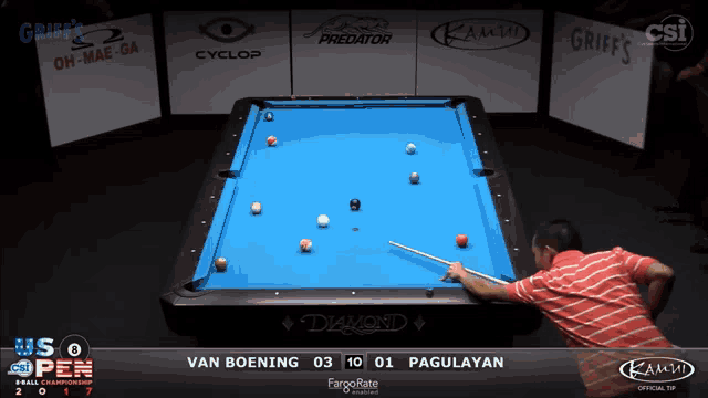 a man is playing pool in front of a pool table sponsored by diamond