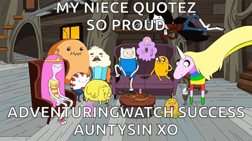 a group of cartoon characters are gathered around a couch with the caption my niece quotez so proud