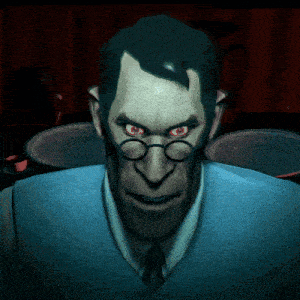 a cartoon character with glasses and red eyes looks at the camera