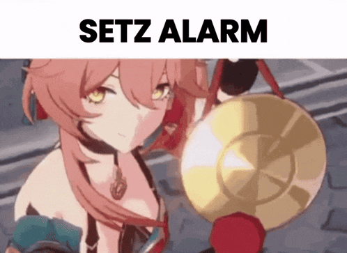 a picture of a girl holding a gong with the words setz alarm on the bottom