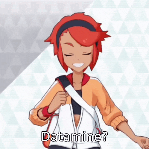 a cartoon character with red hair is smiling and holding a bag with the words datamine on it