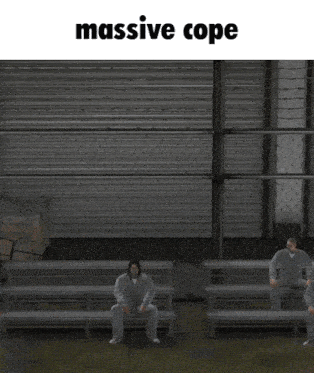 a man in a white shirt is sitting in front of a fence with the words massive cope above him