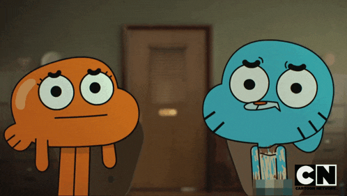 two cartoon characters are standing next to each other with cn written on the bottom right