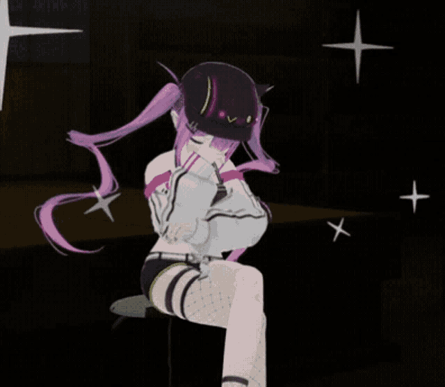 a girl with purple hair and a hat is sitting on a stool