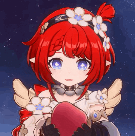a girl with red hair and flowers in her hair is holding a heart in her hands .