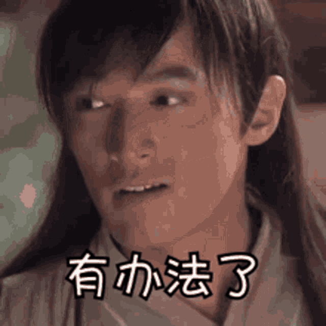 a man with long hair is making a funny face with chinese writing on it .