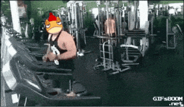 a cartoon of a chicken is on a treadmill in a gym ..