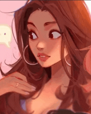 a cartoon girl with long hair and hoop earrings is looking at the camera .