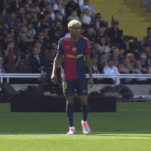 a soccer player with the number 9 on his jersey stands on the field