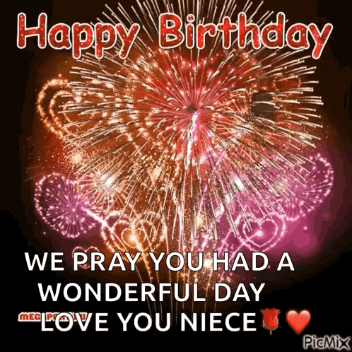 a happy birthday message with fireworks in the background