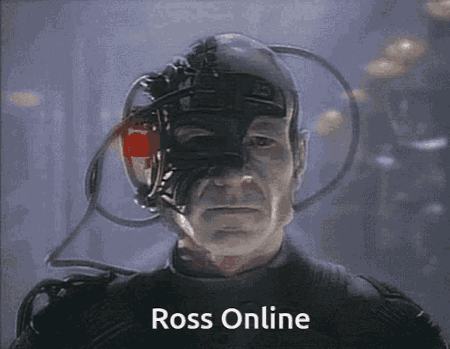 a close up of a robot with the words ross online above it