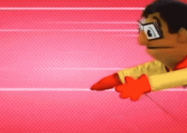 a cartoon character wearing glasses is pointing at something