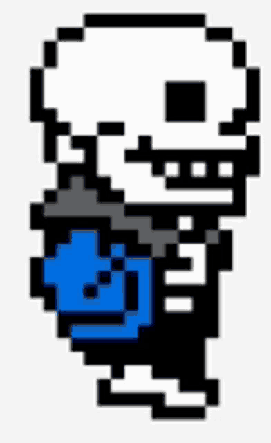 a pixel art of a skeleton with a blue heart in its mouth .