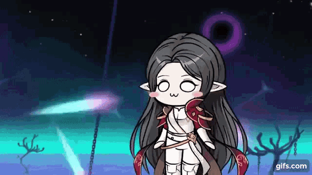a cartoon of a girl with long hair and ears is standing in front of a black hole in the sky .